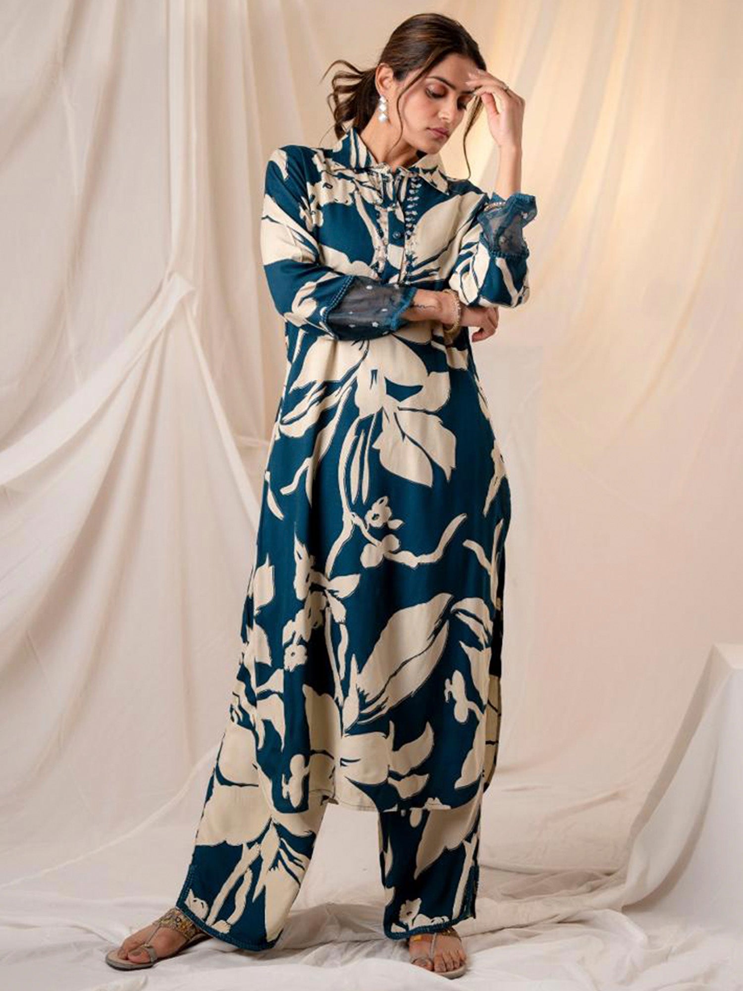 Indo Era Teal Printed Straight Kurta Trousers set - Distacart