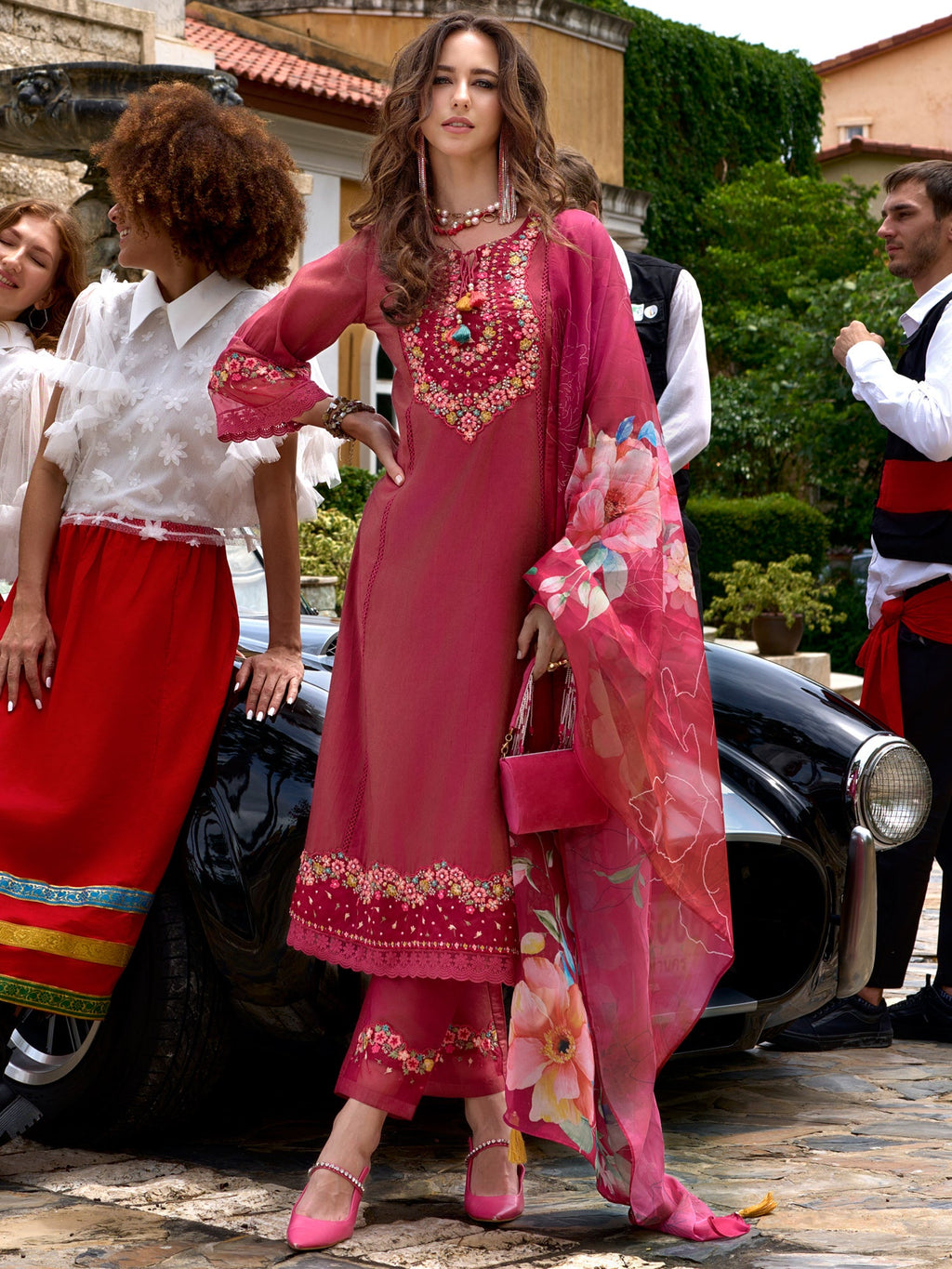Indo Era Pink Embroidered A-Line Kurta Trousers With Dupatta Set - Distacart