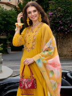 Indo Era Mustard Embroidered A-Line Kurta Trousers With Dupatta Set - Distacart