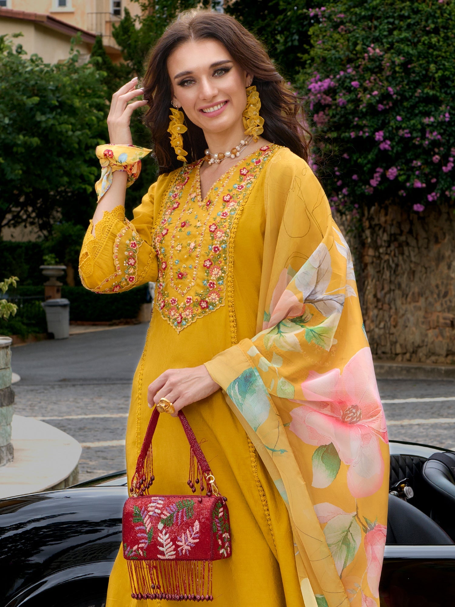 Indo Era Mustard Embroidered A-Line Kurta Trousers With Dupatta Set - Distacart
