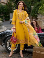 Indo Era Mustard Embroidered A-Line Kurta Trousers With Dupatta Set - Distacart