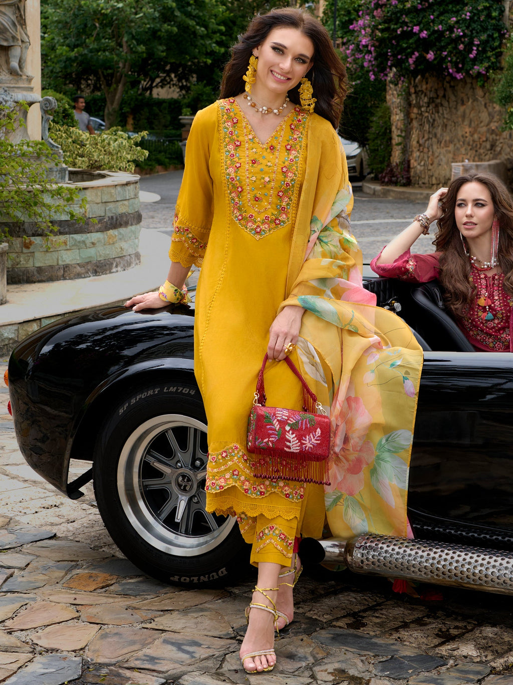 Indo Era Mustard Embroidered A-Line Kurta Trousers With Dupatta Set - Distacart