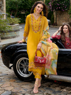 Indo Era Mustard Embroidered A-Line Kurta Trousers With Dupatta Set - Distacart