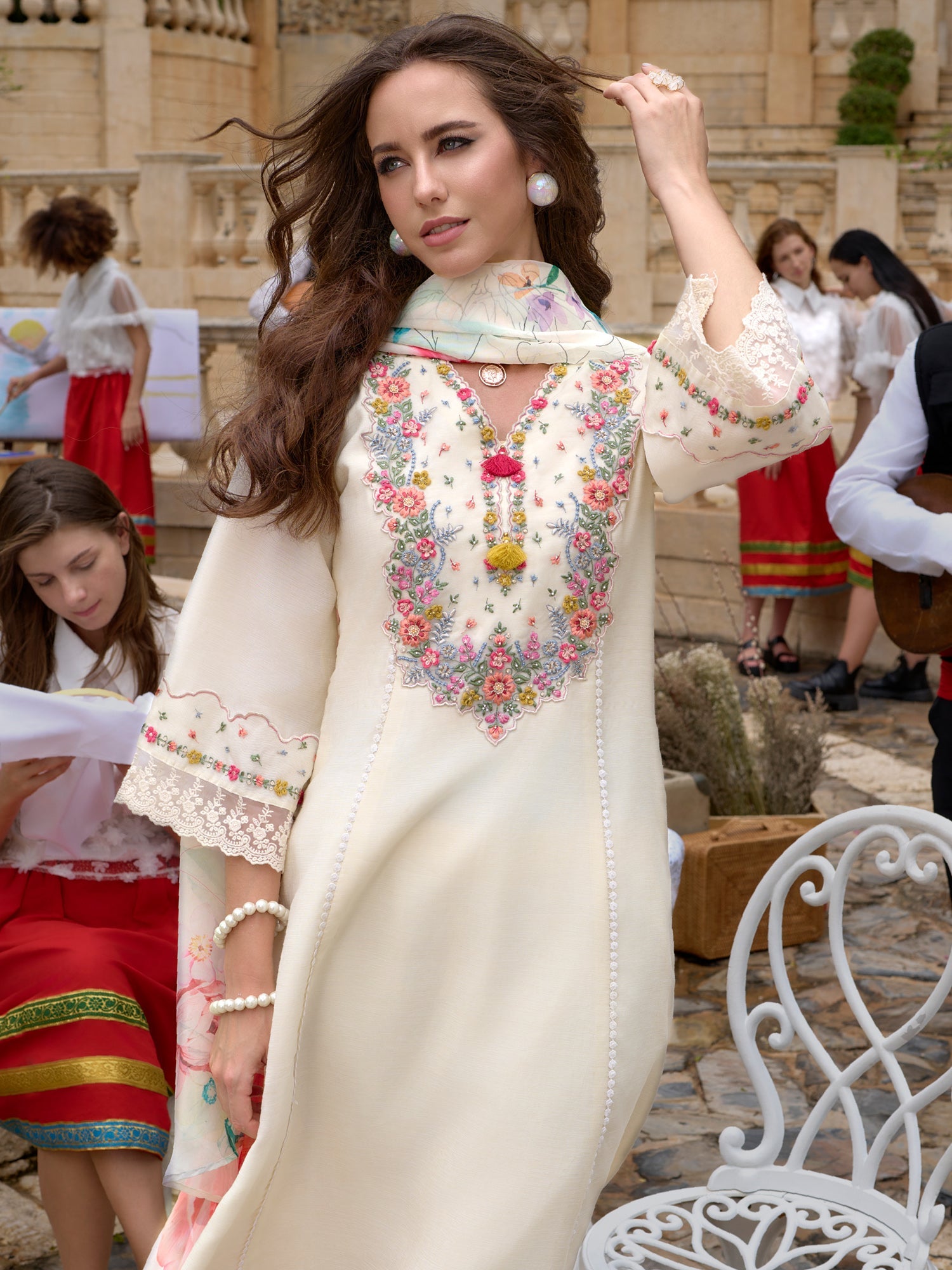 Indo Era Off White Embroidered A-Line Kurta Trousers With Dupatta Set - Distacart