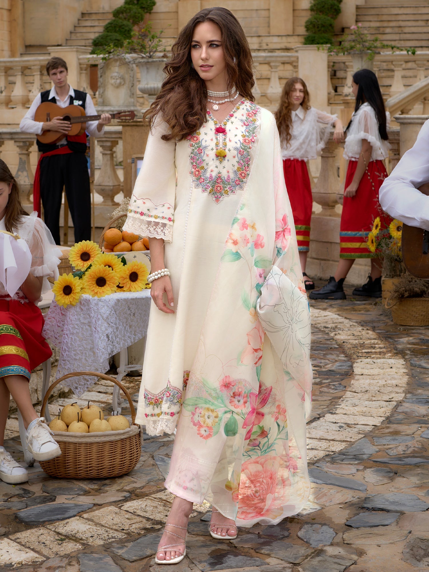 Indo Era Off White Embroidered A-Line Kurta Trousers With Dupatta Set - Distacart