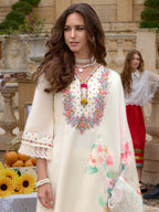 Indo Era Off White Embroidered A-Line Kurta Trousers With Dupatta Set - Distacart