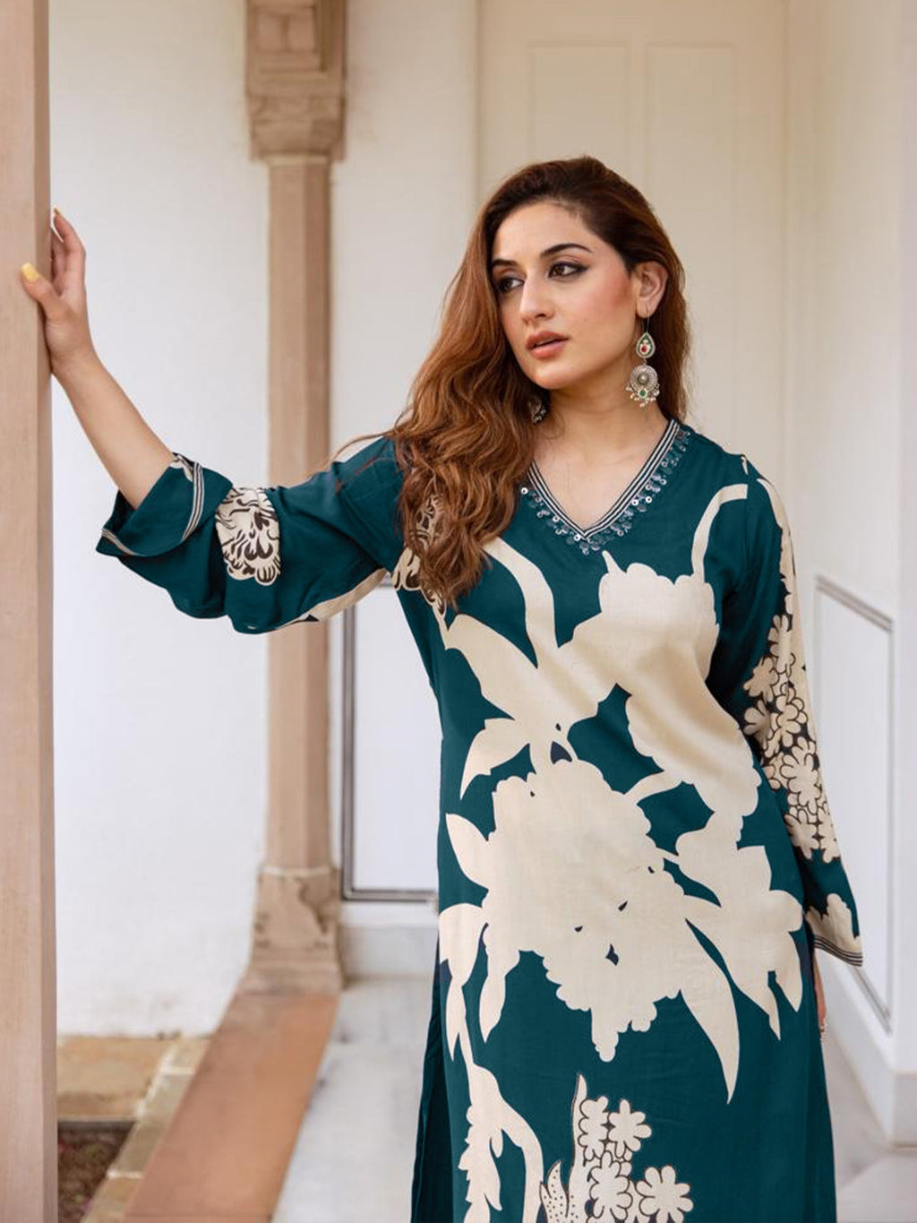 Indo Era Teal Printed A-Line Kurta Salwar set - Distacart