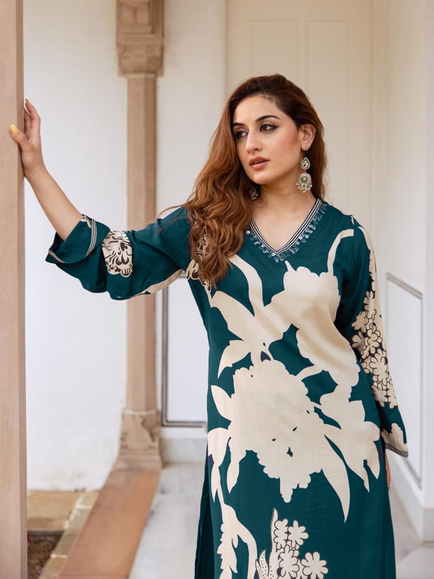 Indo Era Teal Printed A-Line Kurta Salwar set - Distacart