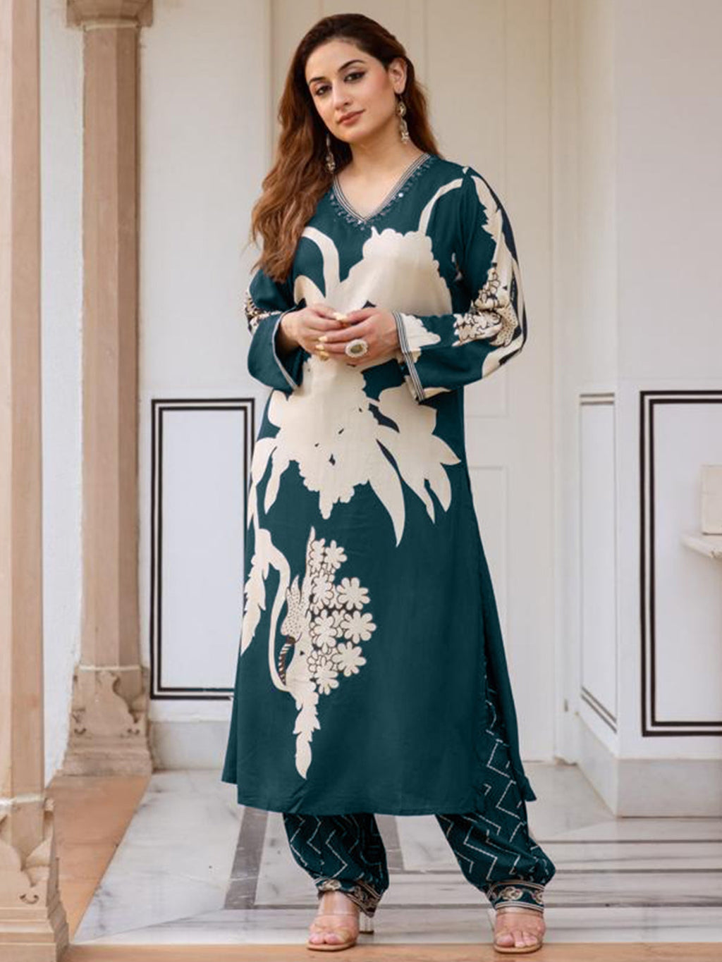 Indo Era Teal Printed A-Line Kurta Salwar set - Distacart