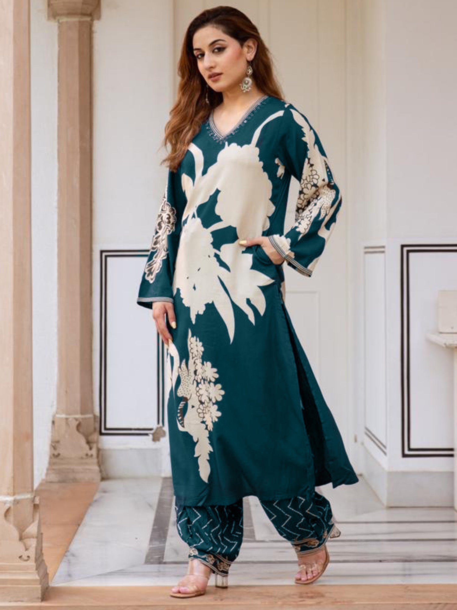 Indo Era Teal Printed A-Line Kurta Salwar set - Distacart