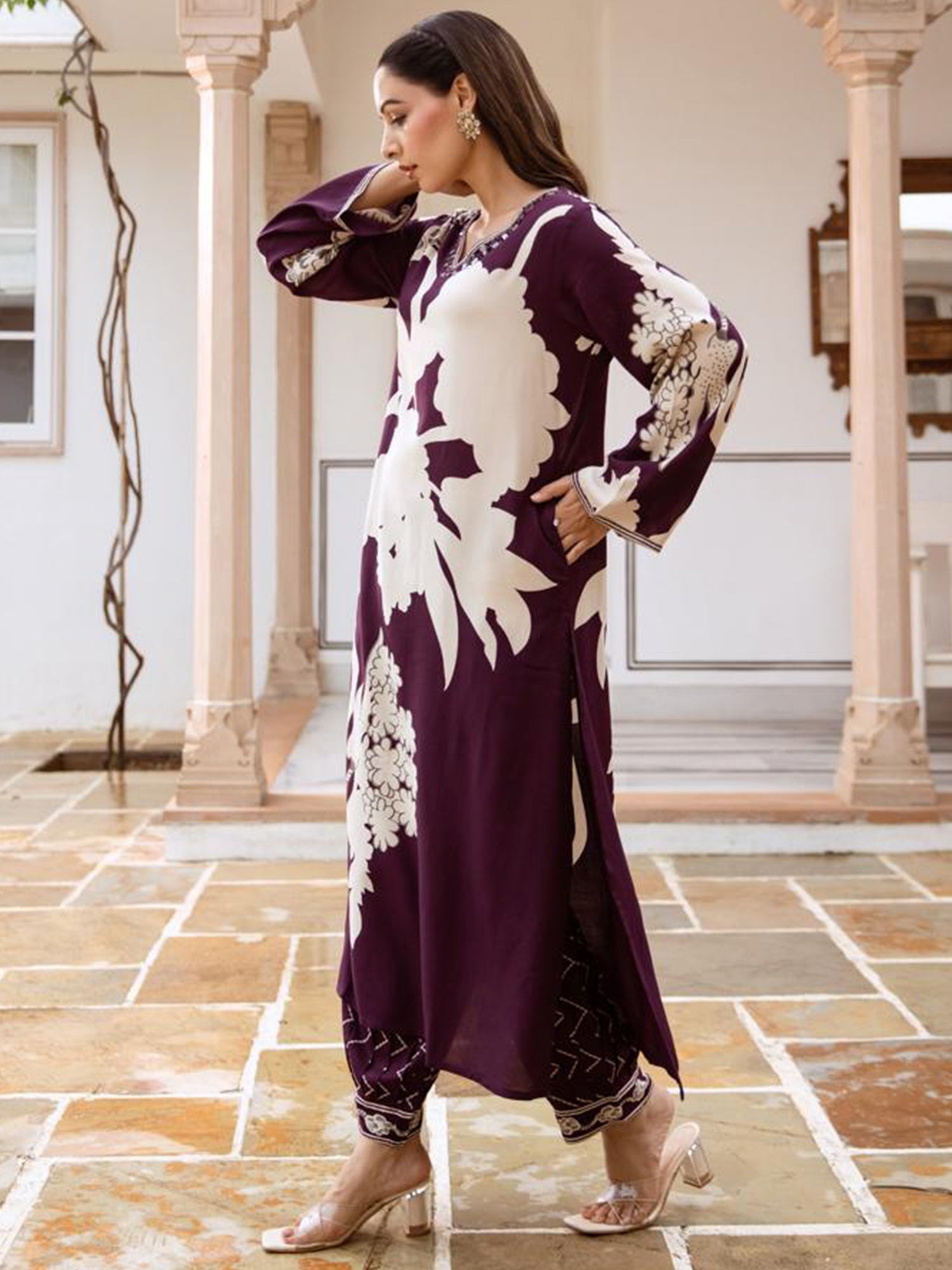Indo Era Burgundy Printed A-Line Kurta Salwar set - Distacart