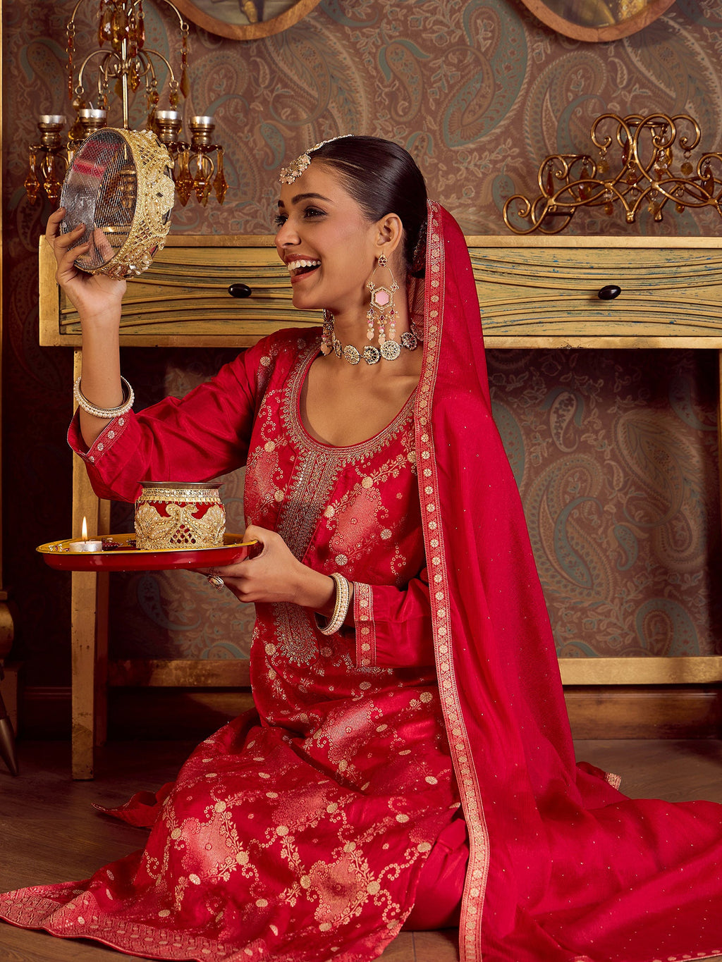 Indo Era Magenta Embroidered Straight Kurta Trousers With Dupatta set - Distacart