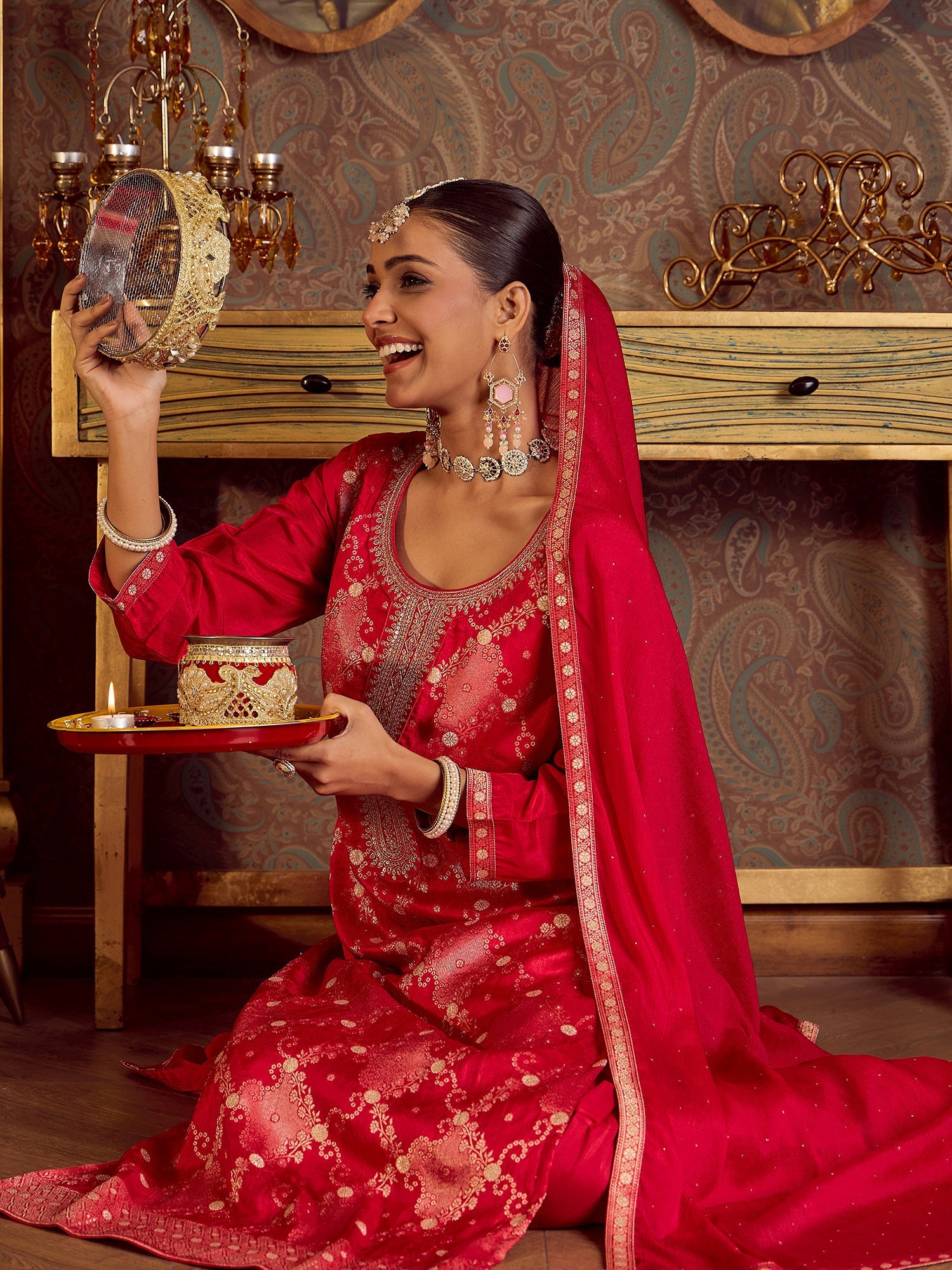 Indo Era Magenta Embroidered Straight Kurta Trousers With Dupatta set - Distacart
