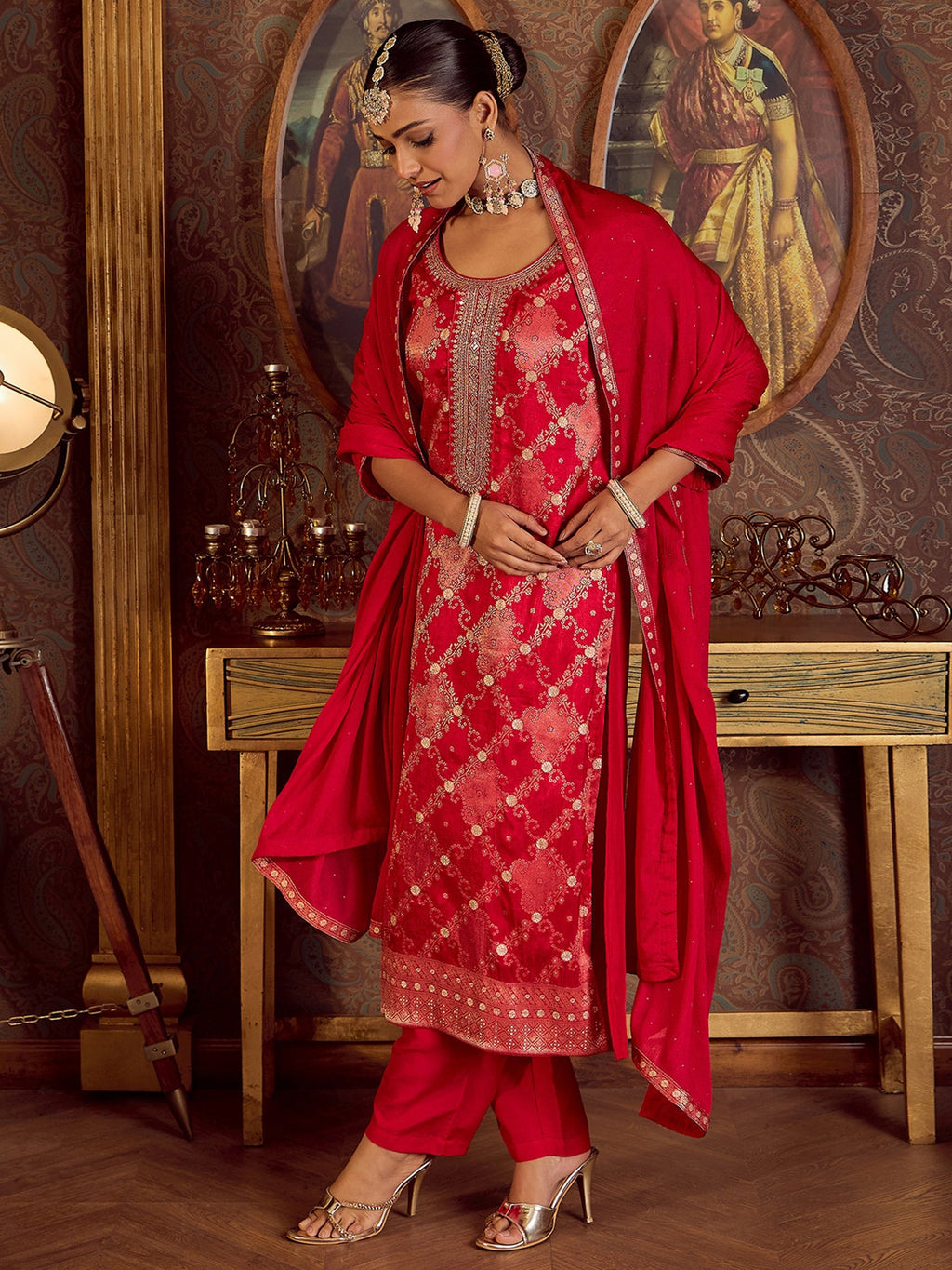 Indo Era Magenta Embroidered Straight Kurta Trousers With Dupatta set - Distacart
