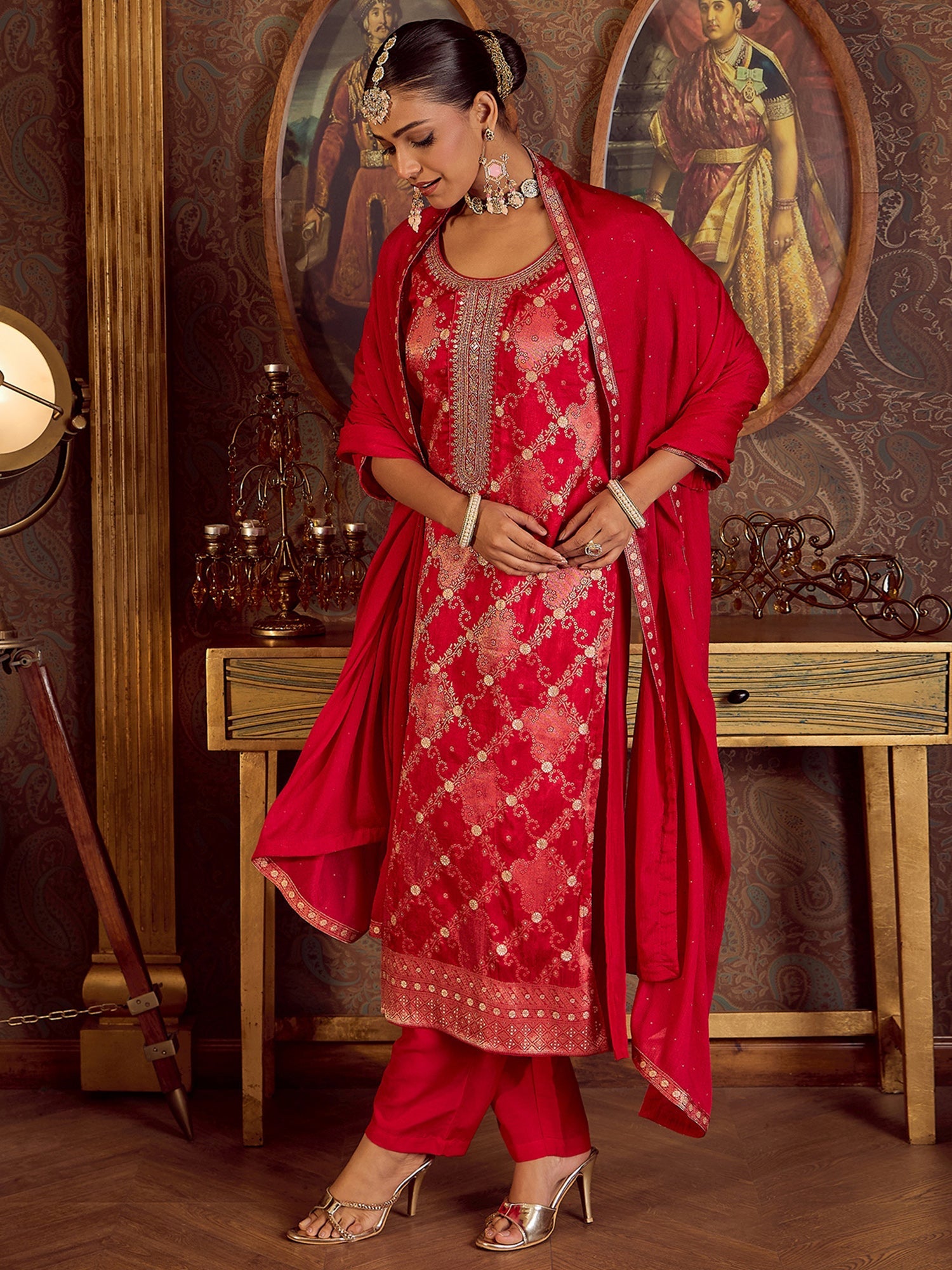 Indo Era Magenta Embroidered Straight Kurta Trousers With Dupatta set - Distacart
