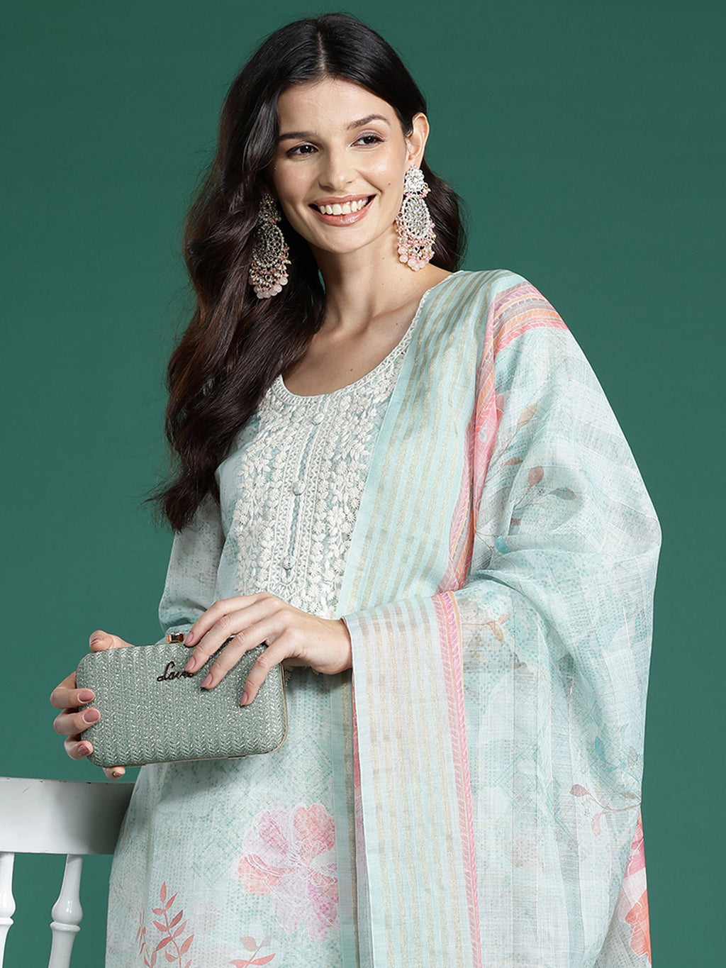 Indo Era Sea Green Printed Straight Kurta Trousers With Dupatta Set - Distacart