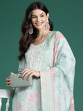 Indo Era Sea Green Printed Straight Kurta Trousers With Dupatta Set - Distacart