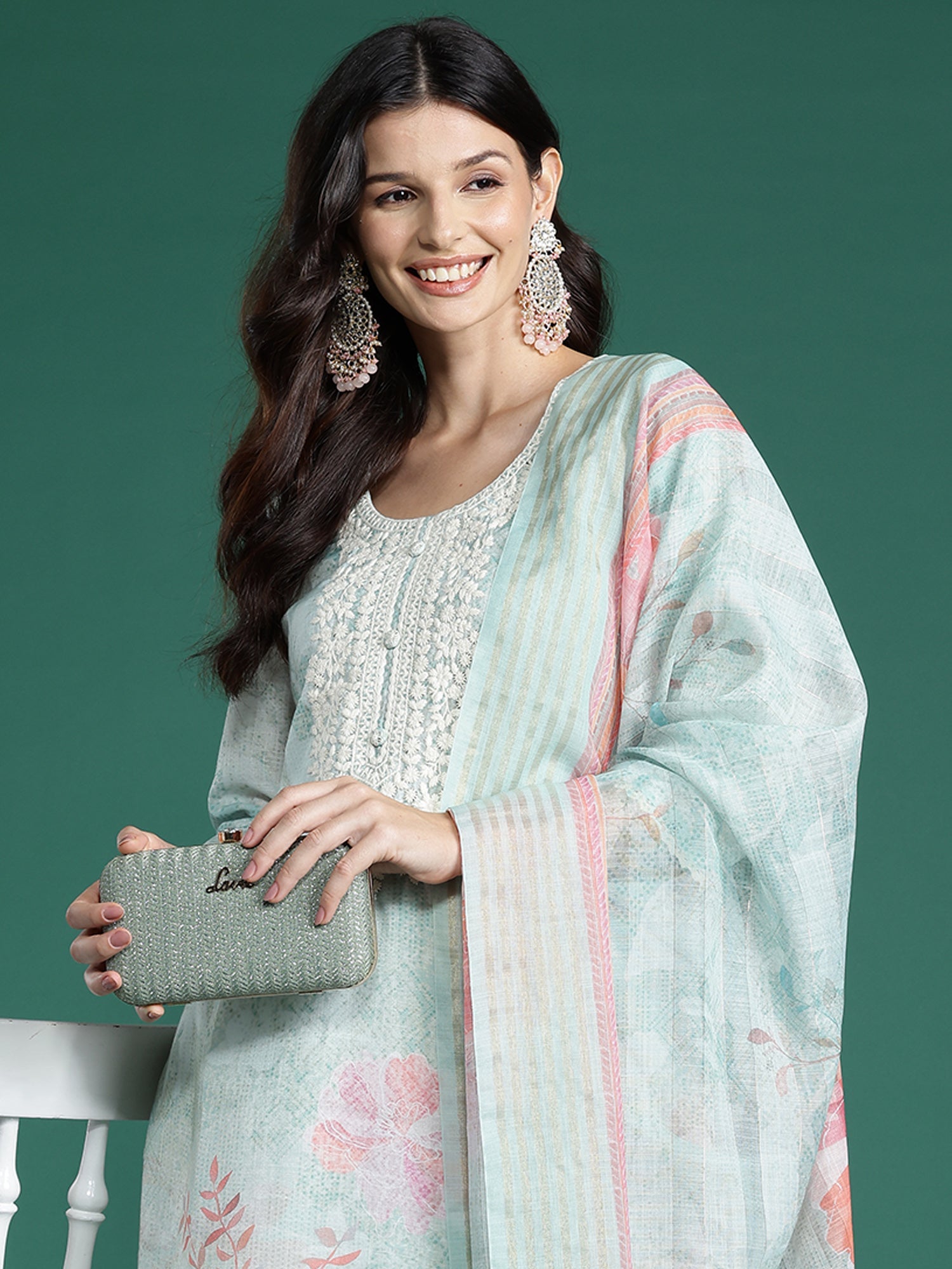Indo Era Sea Green Printed Straight Kurta Trousers With Dupatta Set - Distacart