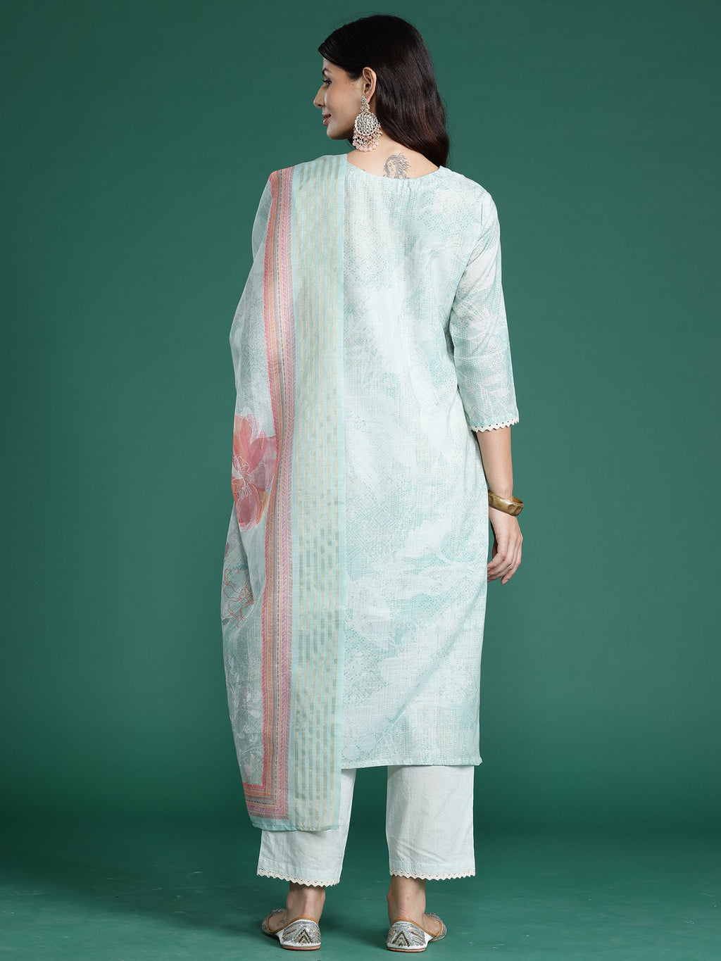 Indo Era Sea Green Printed Straight Kurta Trousers With Dupatta Set - Distacart