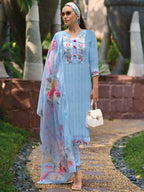 Indo Era Blue Embroidered Straight Kurta Trousers With Dupatta set - Distacart