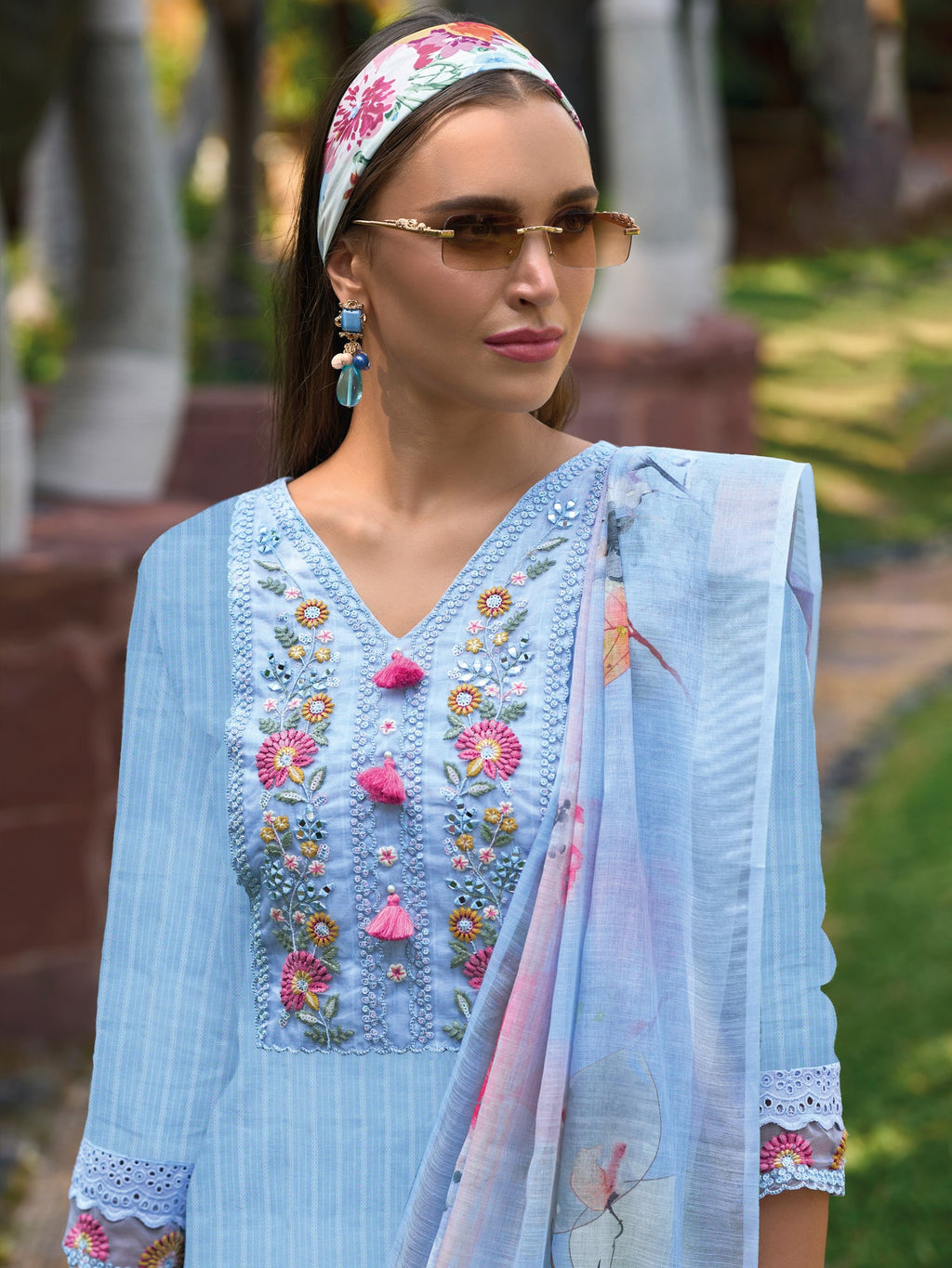 Indo Era Blue Embroidered Straight Kurta Trousers With Dupatta set - Distacart