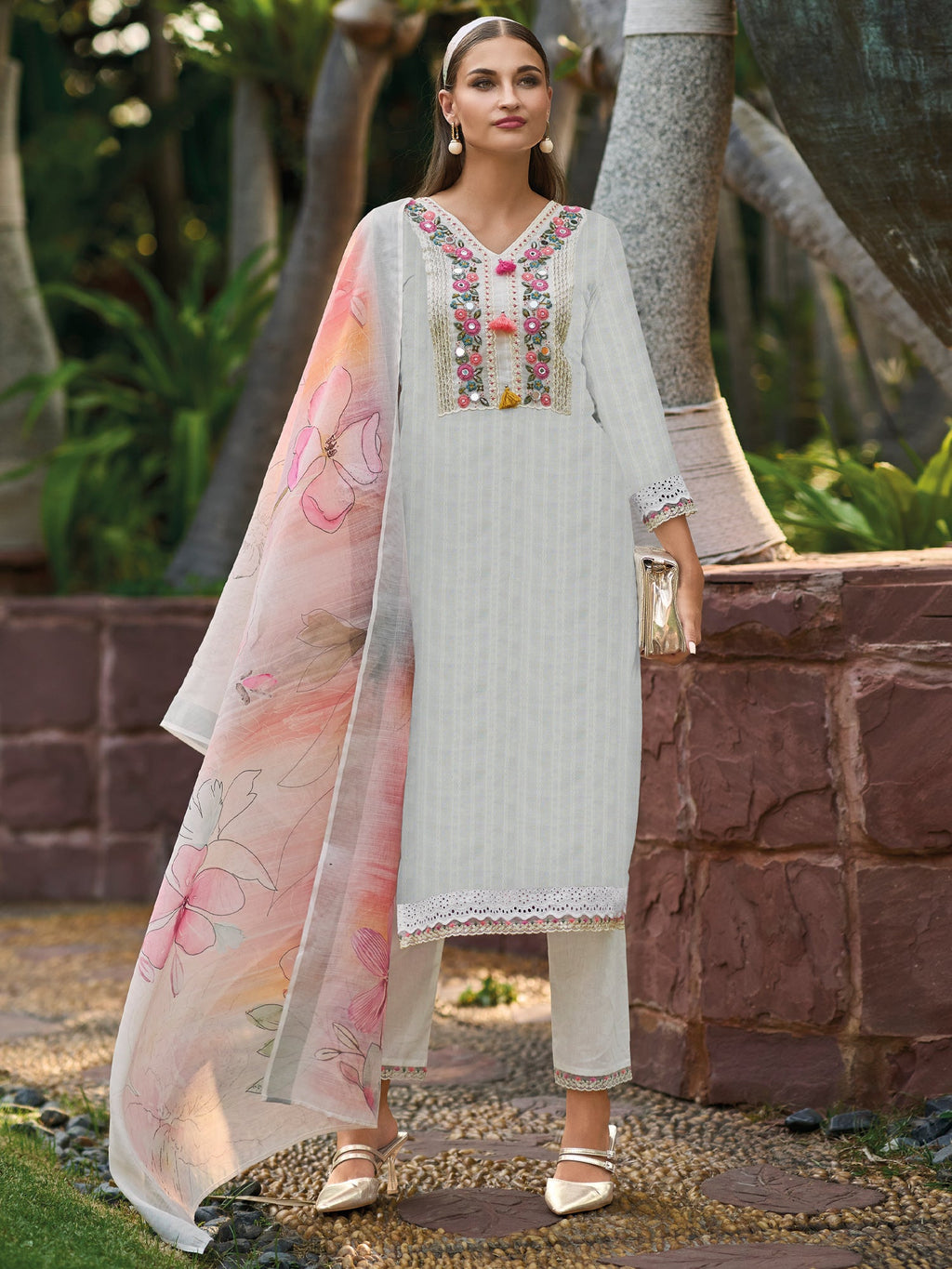 Indo Era Off White Embroidered Straight Kurta Trousers With Dupatta set - Distacart