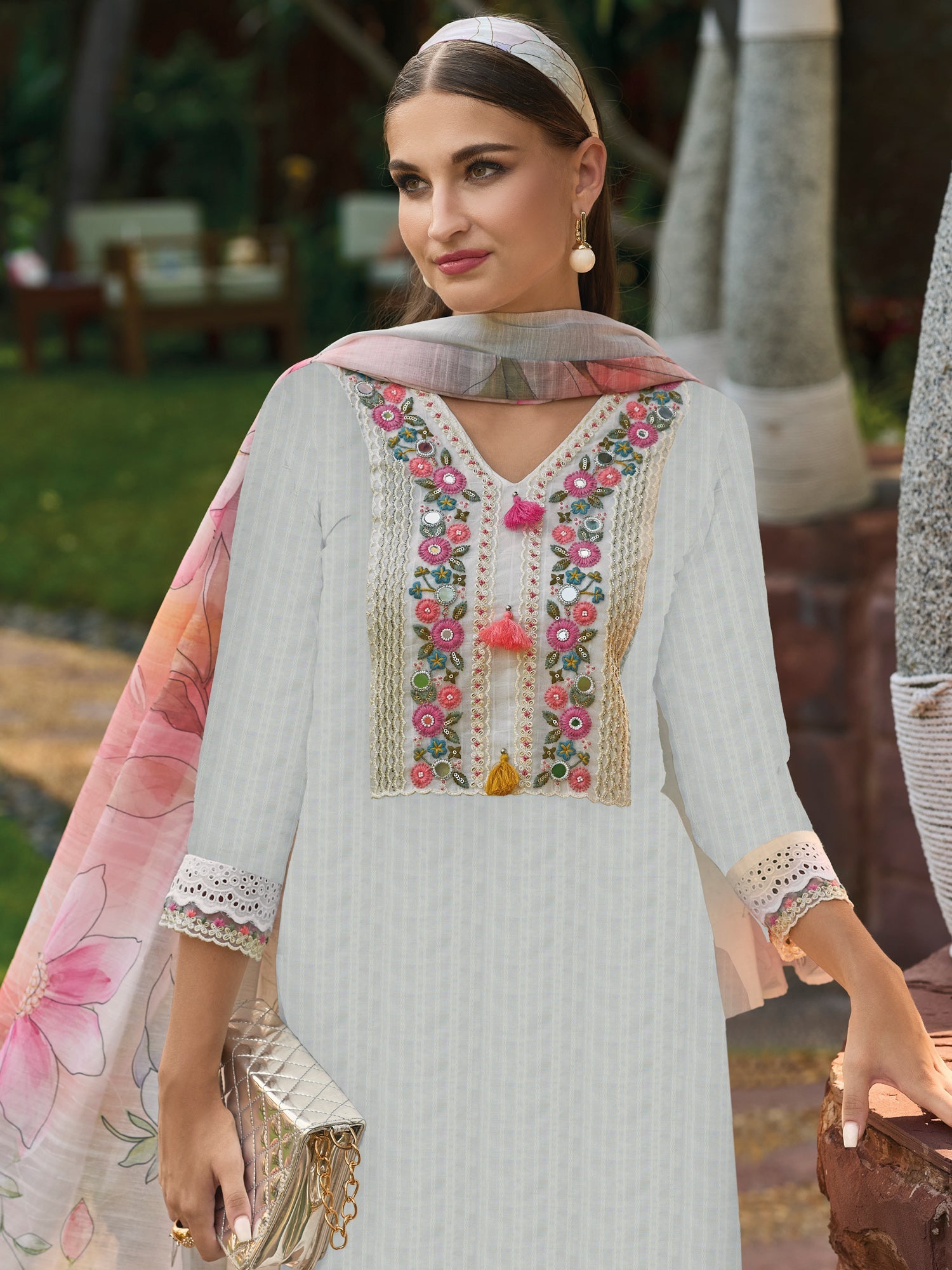 Indo Era Off White Embroidered Straight Kurta Trousers With Dupatta set - Distacart