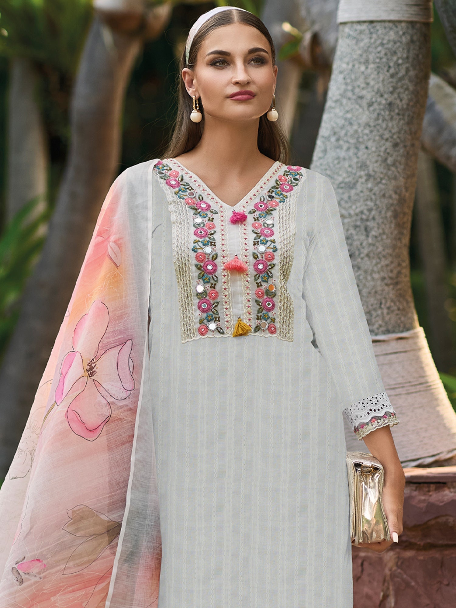 Indo Era Off White Embroidered Straight Kurta Trousers With Dupatta set - Distacart