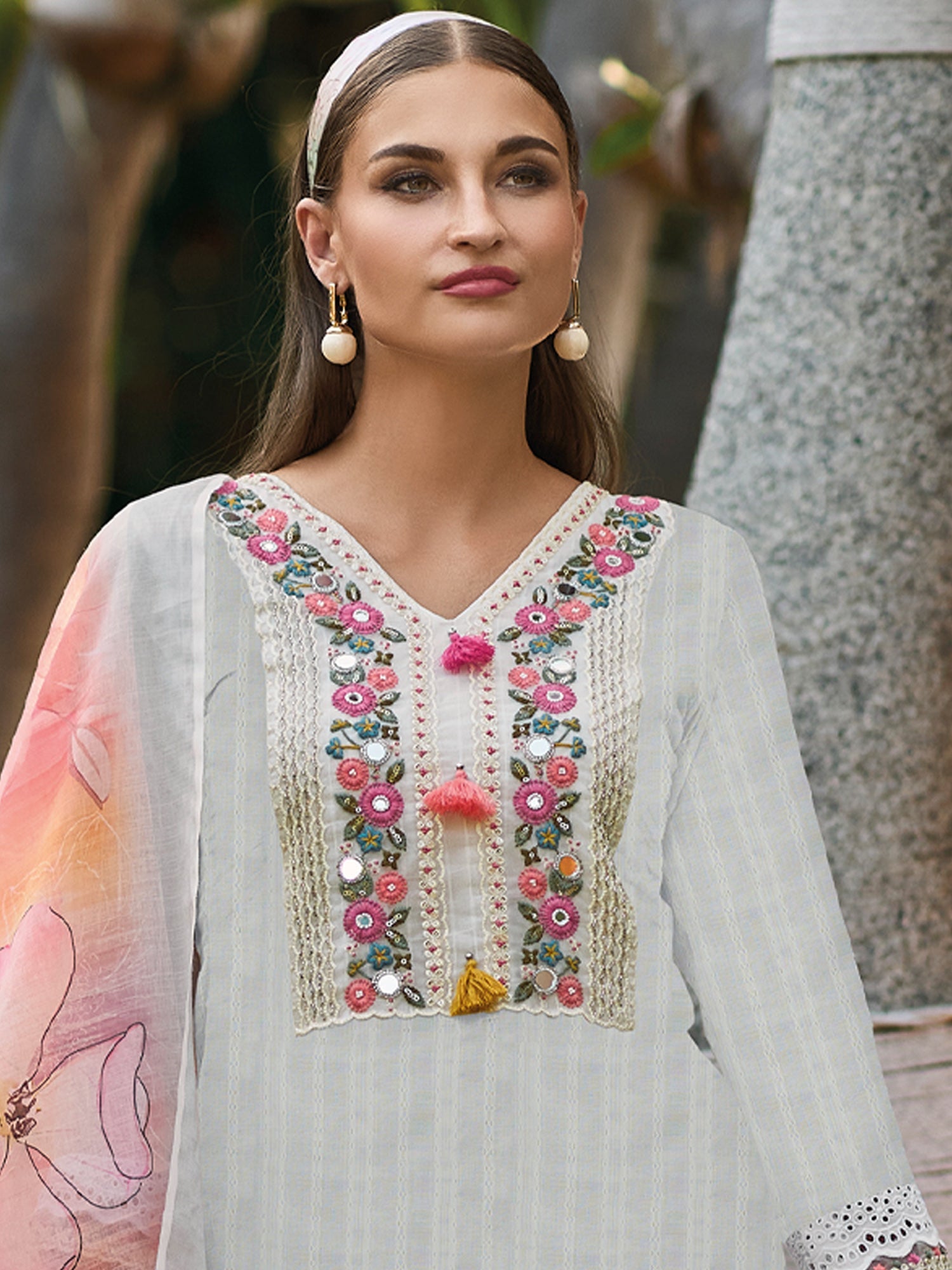 Indo Era Off White Embroidered Straight Kurta Trousers With Dupatta set - Distacart