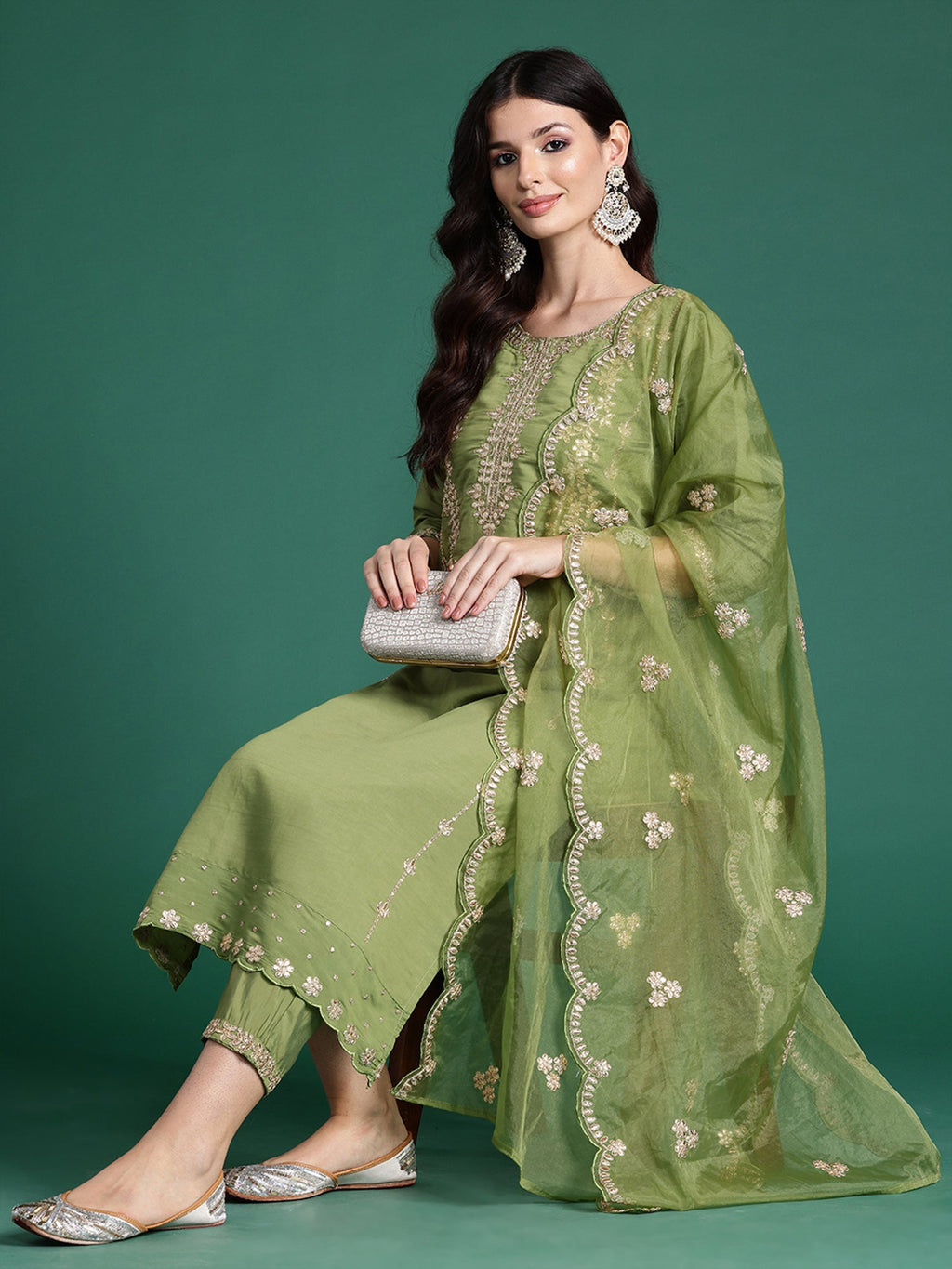 Indo Era Green Embroidered Straight Kurta Trousers With Dupatta set - Distacart