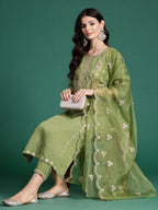 Indo Era Green Embroidered Straight Kurta Trousers With Dupatta set - Distacart