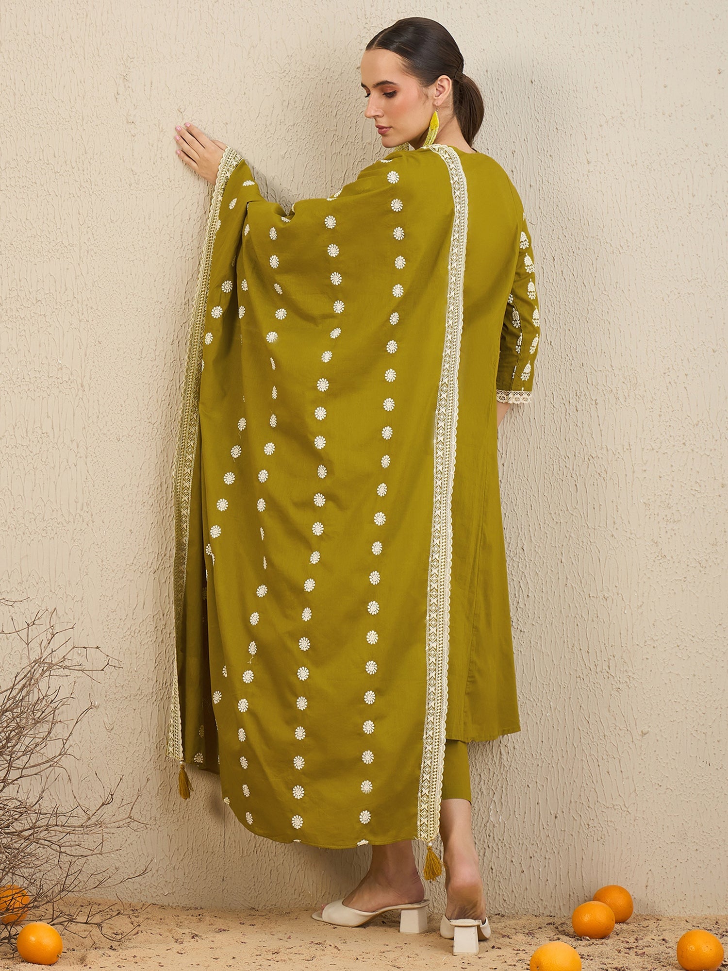 Indo Era Green Embroidered A-Line Kurta Trousers With Dupatta set - Distacart