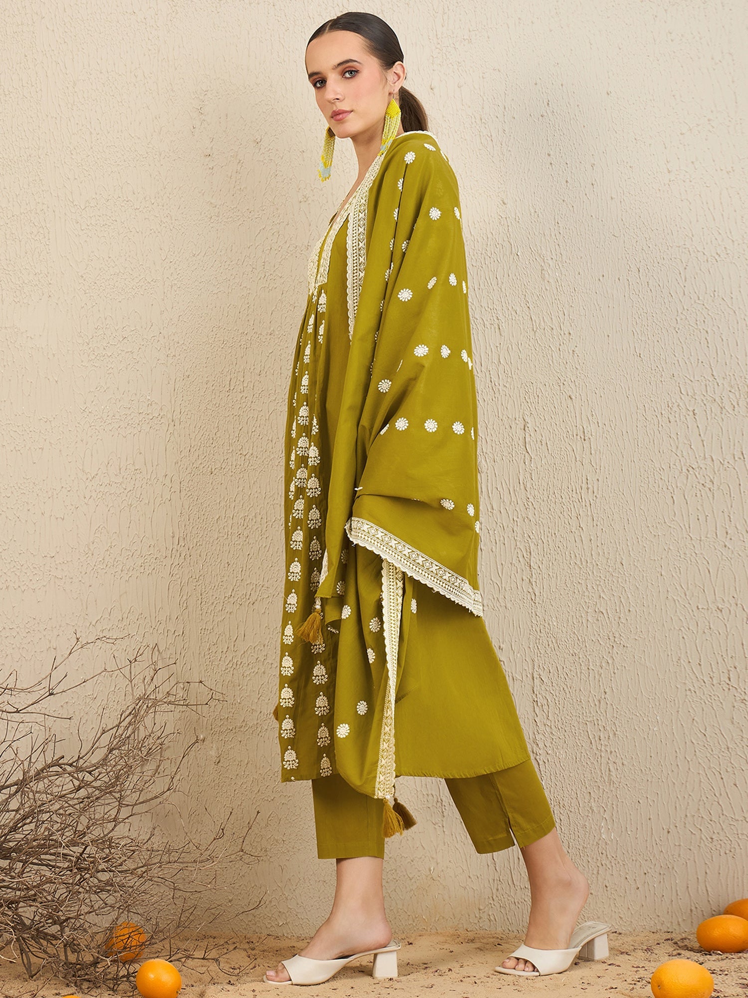 Indo Era Green Embroidered A-Line Kurta Trousers With Dupatta set - Distacart