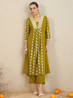 Indo Era Green Embroidered A-Line Kurta Trousers With Dupatta set - Distacart