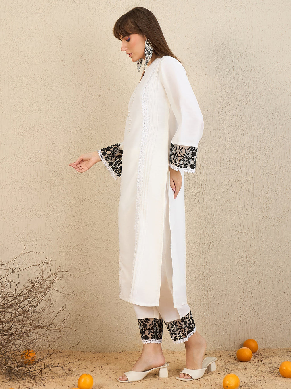 Indo Era White Embroidered Straight Kurta Trousers set - Distacart