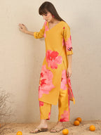 Indo Era Yellow Printed Straight Kurta Trousers Set - Distacart