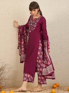 Indo Era Burgundy Embroidered Straight Kurta Palazzos With Dupatta Set