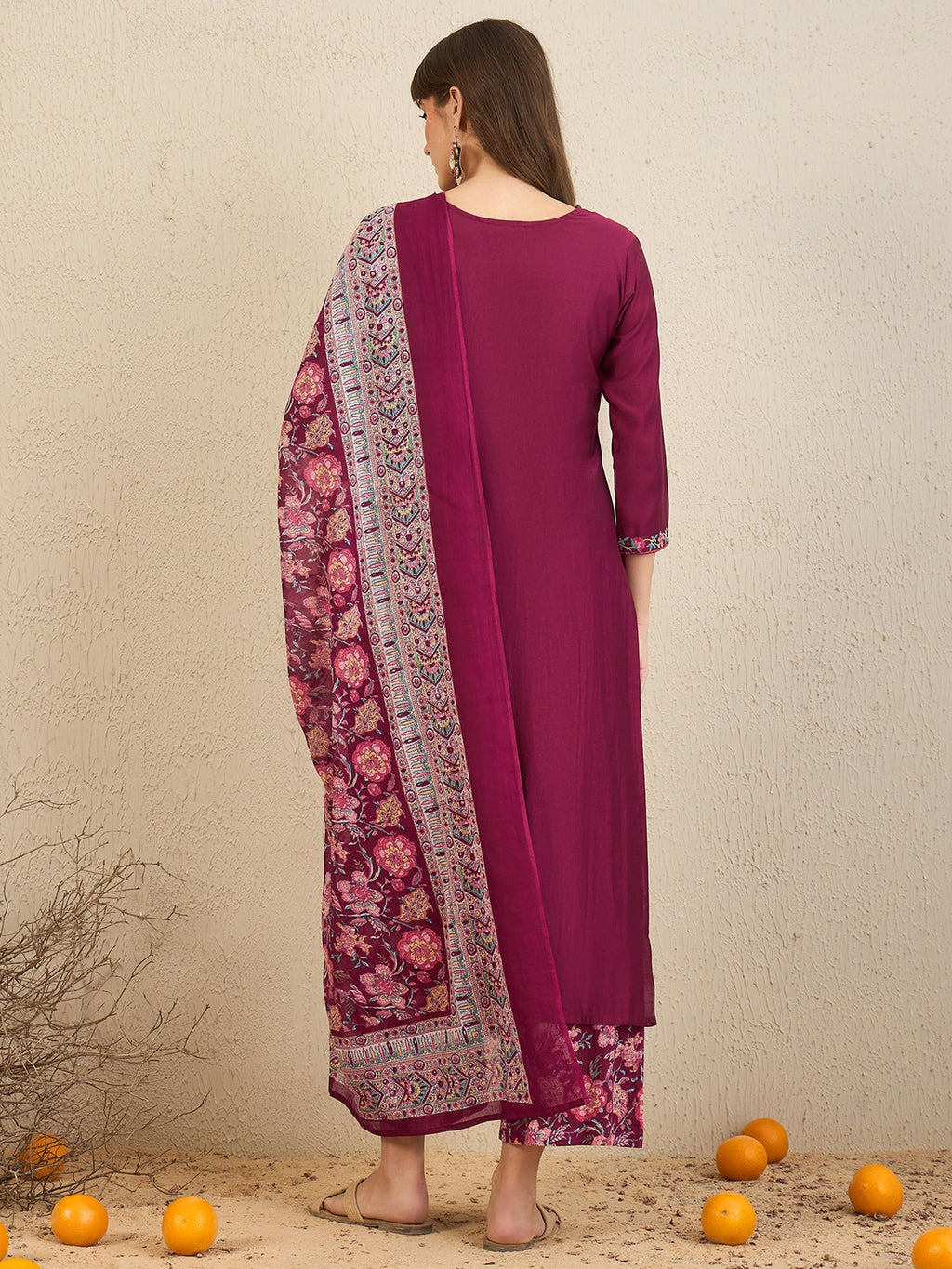 Indo Era Burgundy Embroidered Straight Kurta Palazzos With Dupatta Set