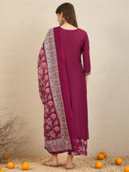 Indo Era Burgundy Embroidered Straight Kurta Palazzos With Dupatta Set