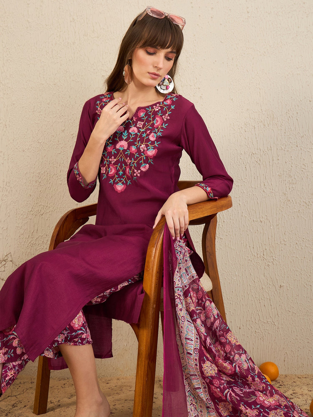 Indo Era Burgundy Embroidered Straight Kurta Palazzos With Dupatta Set