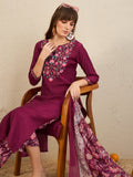 Indo Era Burgundy Embroidered Straight Kurta Palazzos With Dupatta Set