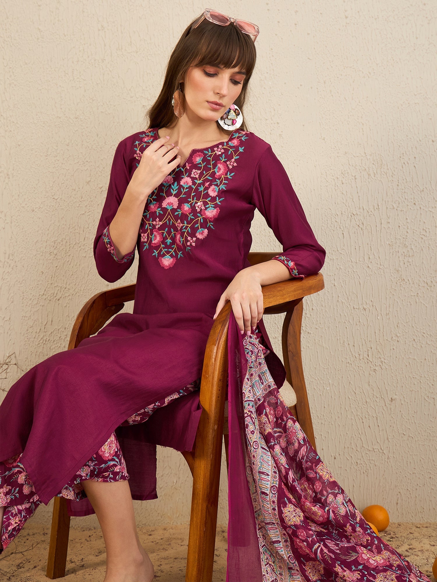 Indo Era Burgundy Embroidered Straight Kurta Palazzos With Dupatta Set