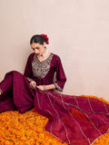 Indo Era Burgundy Embroidered A-Line Kurta Palazzos With Dupatta Set
