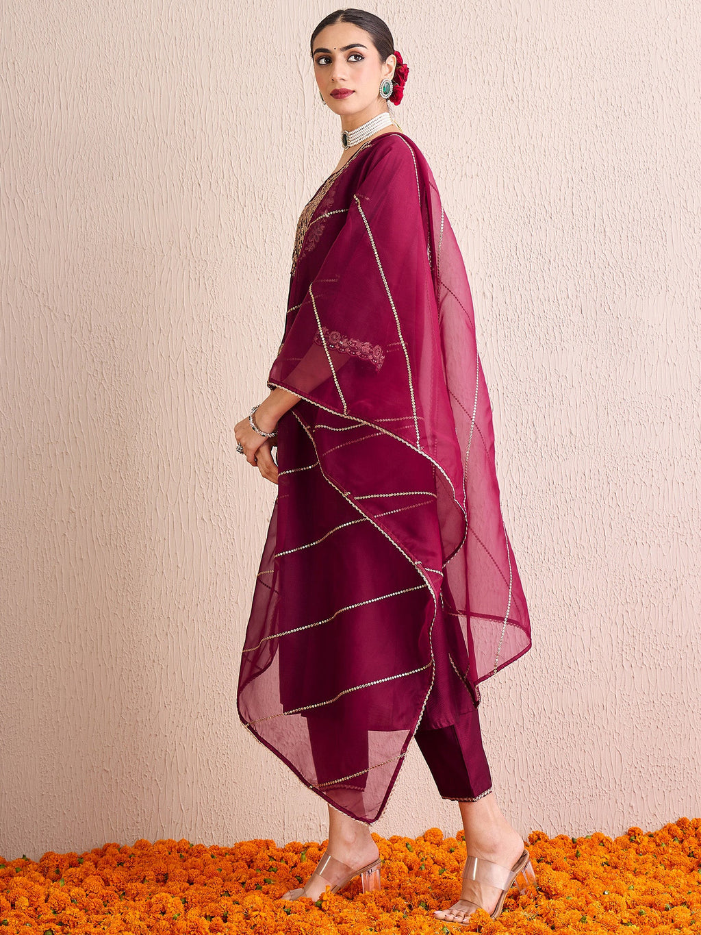 Indo Era Burgundy Embroidered A-Line Kurta Palazzos With Dupatta Set