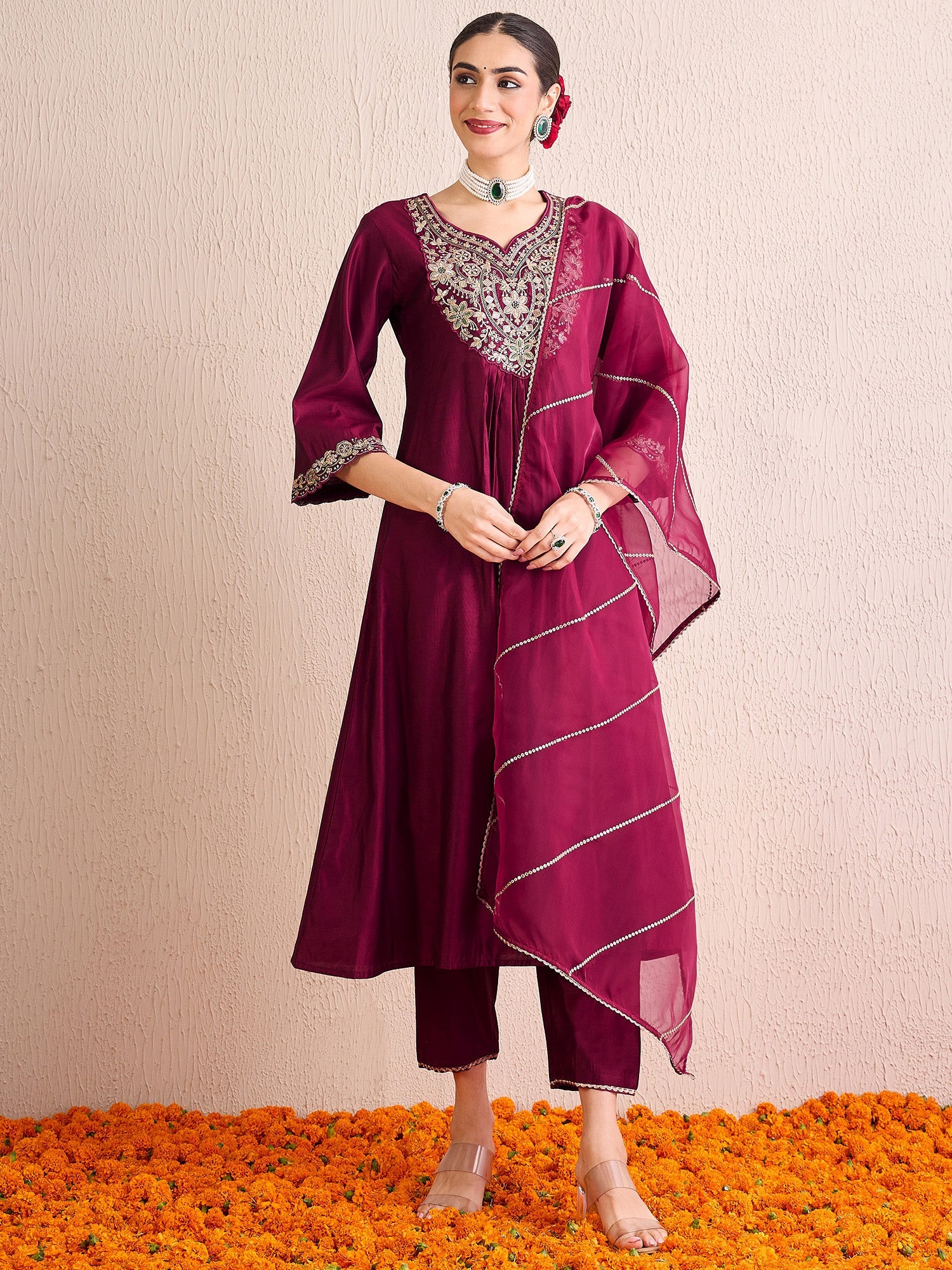 Indo Era Burgundy Embroidered A-Line Kurta Palazzos With Dupatta Set
