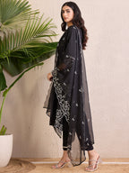 Indo Era Black Embroidered Straight Kurta Trousers With Dupatta Set - Distacart