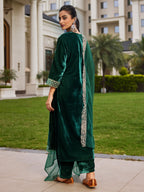 Indo Era Green Embroidered Straight Kurta Trousers With Dupatta set - Distacart