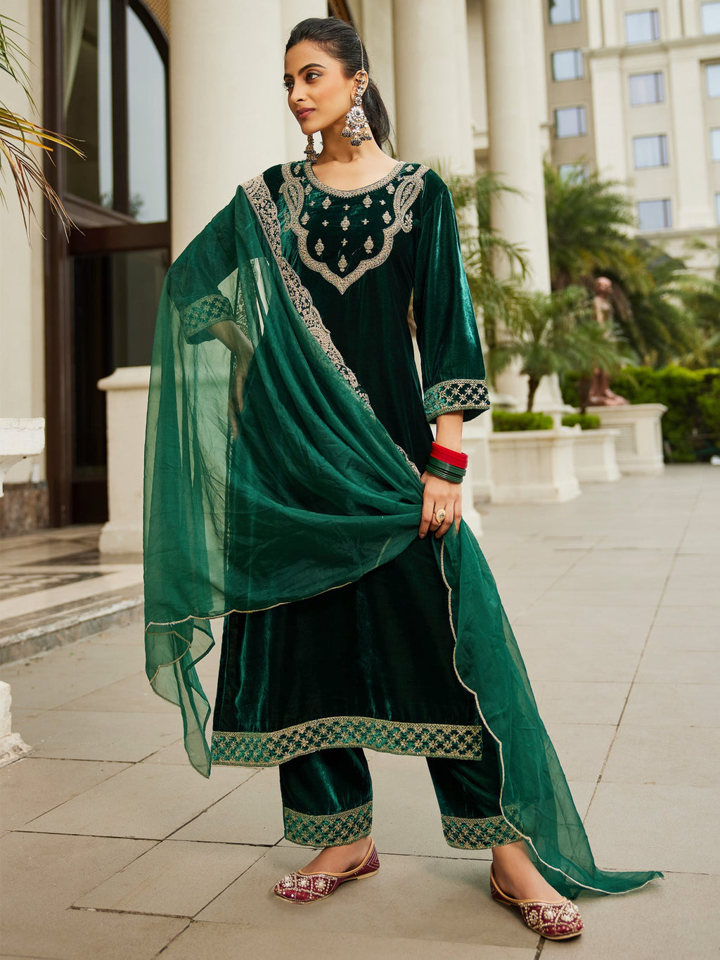 Indo Era Green Embroidered Straight Kurta Trousers With Dupatta set - Distacart