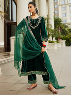 Indo Era Green Embroidered Straight Kurta Trousers With Dupatta set - Distacart
