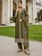 Indo Era Green Embroidered Straight Kurta Trousers With Dupatta Set - Distacart